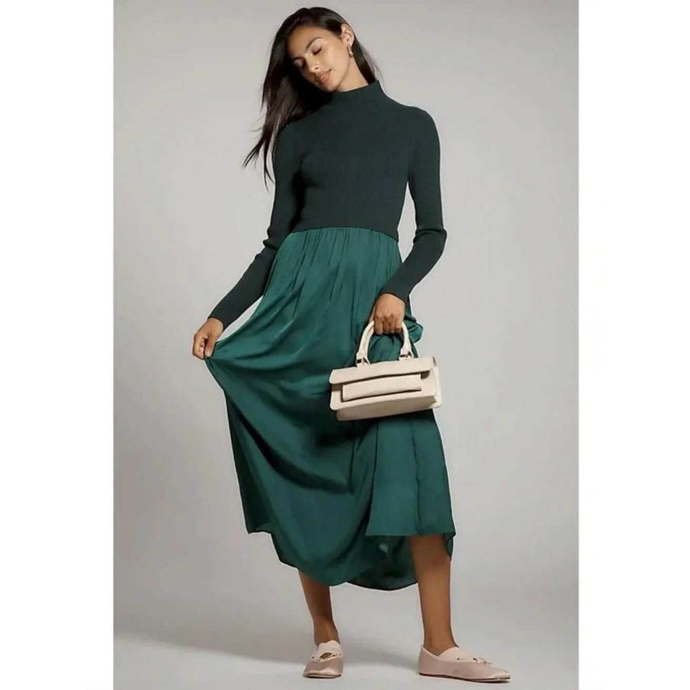 Anthropologie Thea Twofer Sweater Maxi Dress S Emerald Green Mock Neck Rib Knit